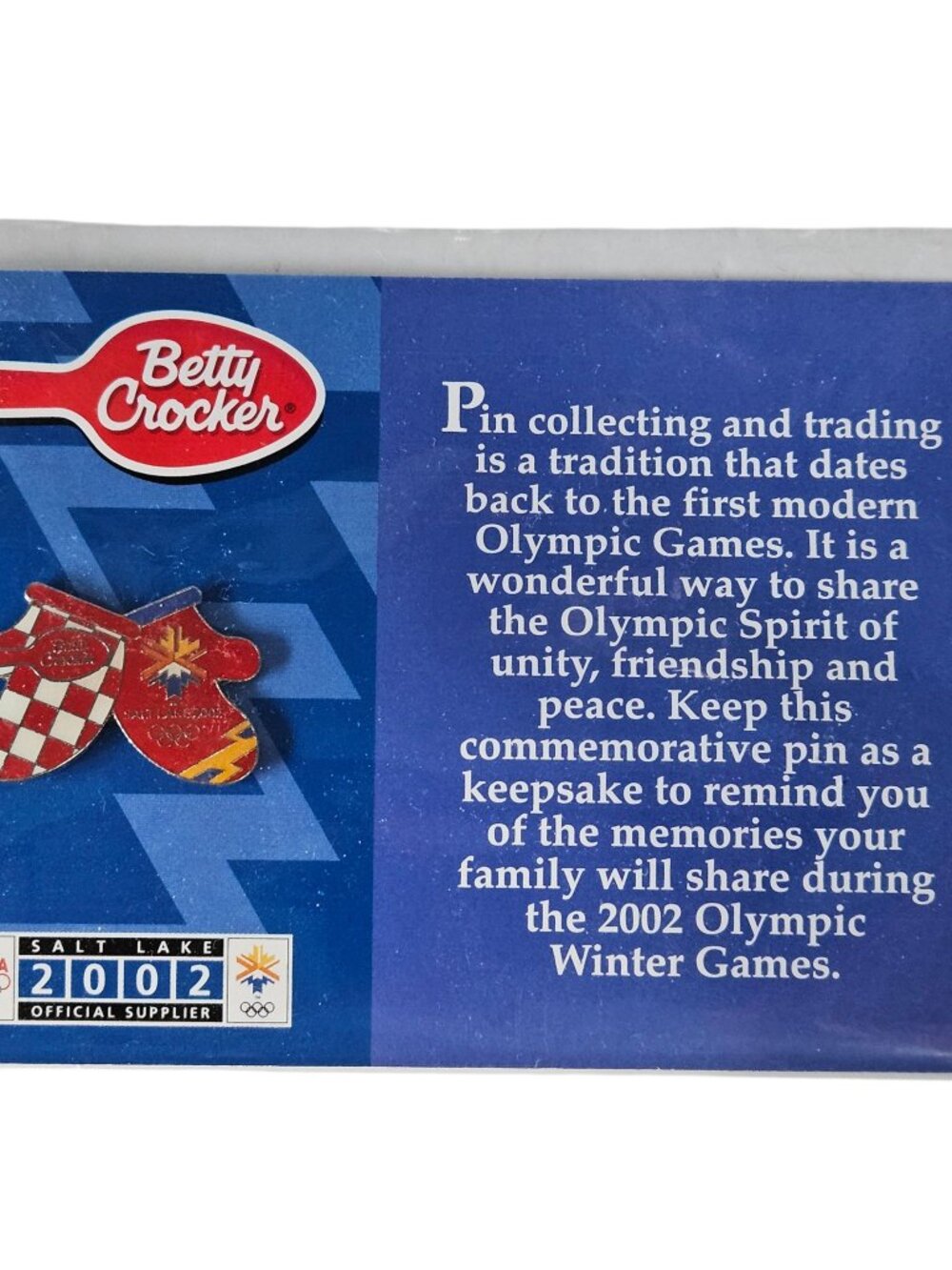 Betty Crocker Lapel Pin Salt Lake 2002 Olympics Mittens Red Commemorative Carded